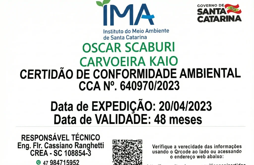 Certificação de conformidade ambiental emitida pelo IMA para a indústria de carvão vegetal Carvão Maria.