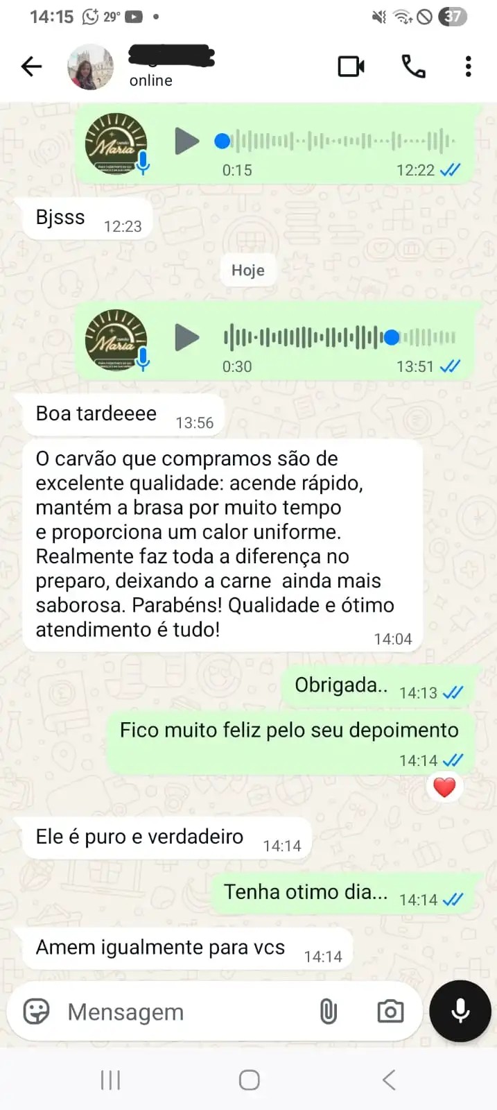 Depoimento de revendedor elogiando a qualidade do Carvão Maria e a entrega direta da fábrica.