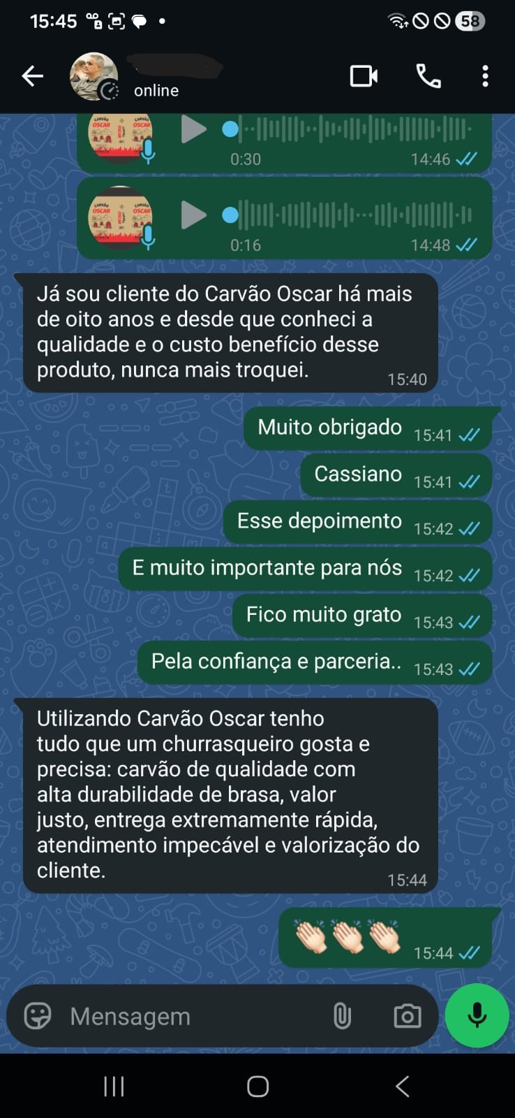 Depoimento de revendedor elogiando a qualidade do Carvão Maria e a entrega direta da fábrica.