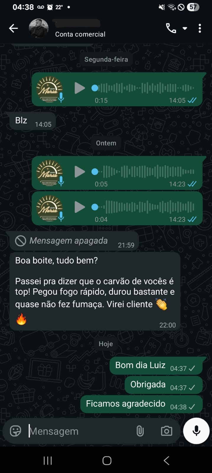 Depoimento de revendedor elogiando a qualidade do Carvão Maria e a entrega direta da fábrica.