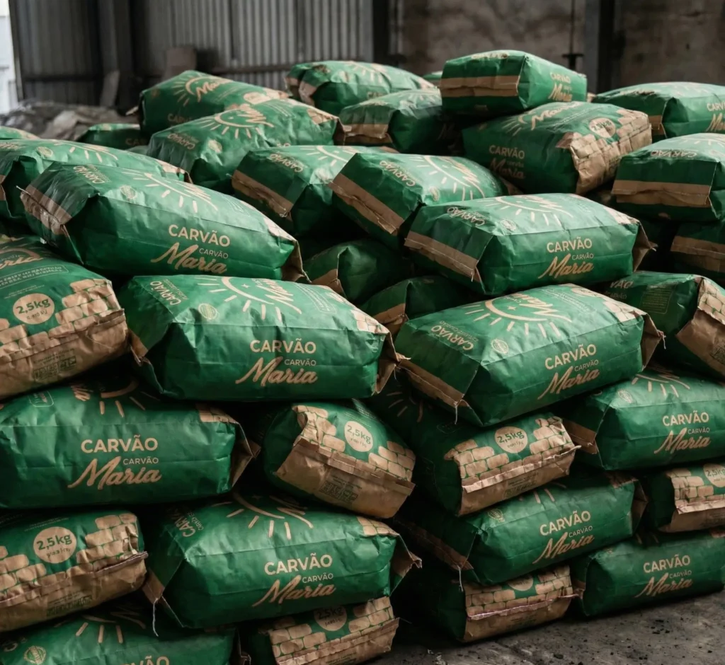 Sacos de carvão vegetal Carvão Maria organizados em estoque industrial para revenda e distribuição regional.